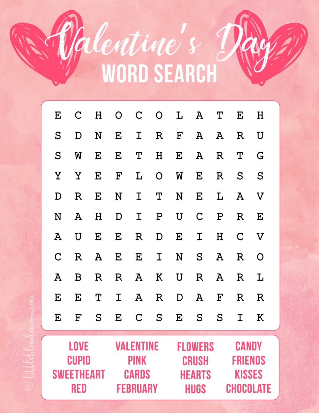 Valentines Printable Word Search